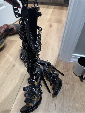 Black Chain-Embellished High Heel Sandals
